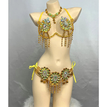 Sparkly Samba Carnival Stone Wire Bra, Belt & Necklace Three-Piece Costume Set