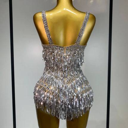 Sparkly Rhinestone Tassel Backless Mesh Bodysuit Luxury Stage Performance Costume