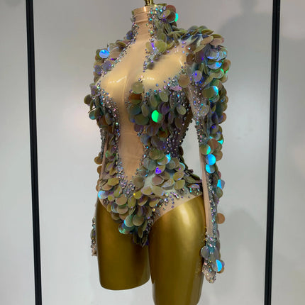 Iridescent Mermaid Scale Sequin & Rhinestone Illusion Bodysuit Stage Costume
