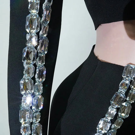 Crystal Rhinestone Halter Crop Top & Mini Skirt 2-Piece Stage Costume Set