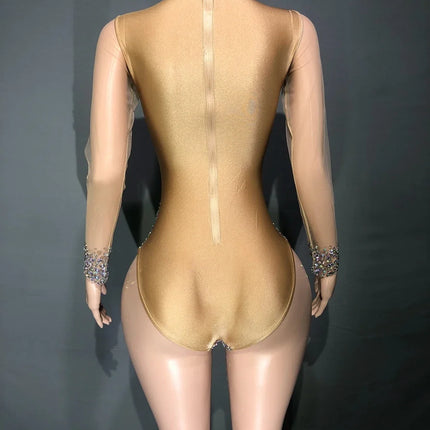 Sparkly AB Rhinestone Sheer Mesh Bodysuit & Stage Performance Costume