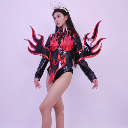 Flame Patent Leather Bodysuit & Sculpted Wing Shoulders 2-Piece Stage Costume Set