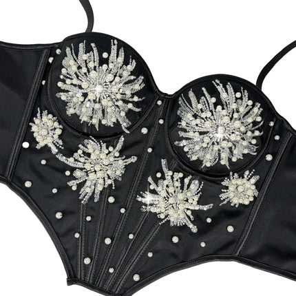 Pearl & Sequin Embroidered Floral Bustier Corset Top Asymmetric Camisole Bralette