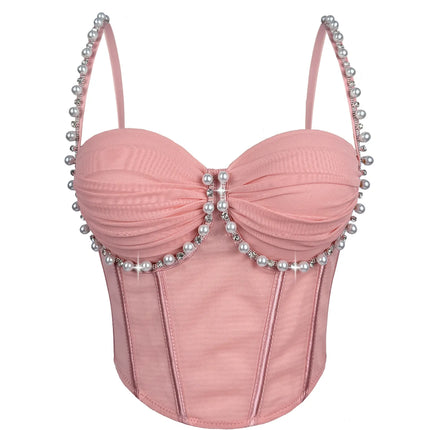 Pearl & Rhinestone Embroidered Bustier Corset Crop Top High Street Bralette