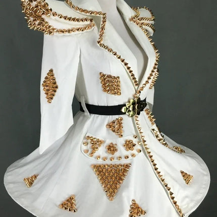 White Faux Leather Studded Stage Dress & Fluffy Skirt Pop Singer Costume Set