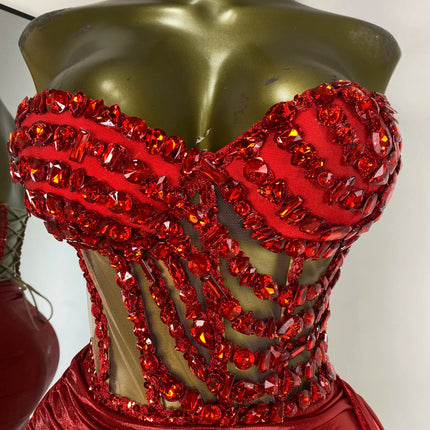 Rhinestone Tube Bustier Corset Top & Bronzing Mini Skirt 2-Piece Performance Set