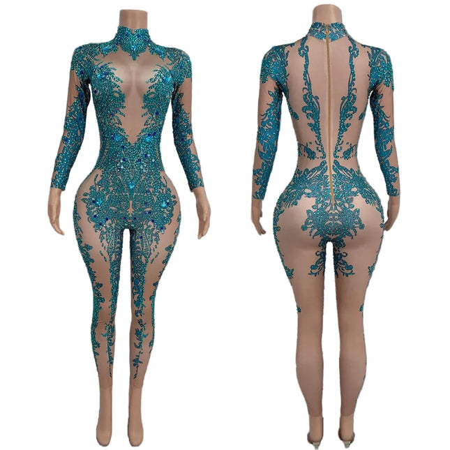 High Neck Crystal Appliqué Illusion Bodysuit
