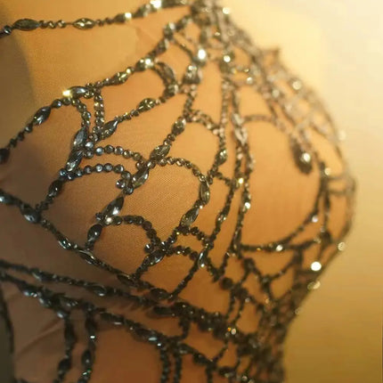 Sparkly Silver Rhinestone Spider Web Mesh Stage Performance Costume Set