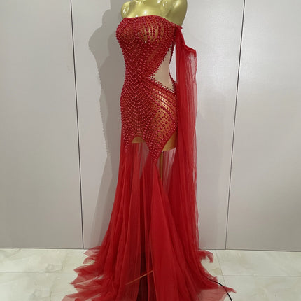 Luxury Birthday Evening Party Dress Elegant Sparkly Rhinestone Pearl Sexy Strapless Mesh Long Dress Prom Wedding Guest Gowns