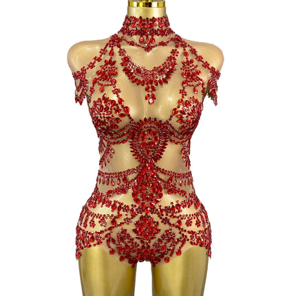 The Stardust Mirage Transparent Bodysuit – Luxury Rhinestone Mesh Stage Wear Leotard