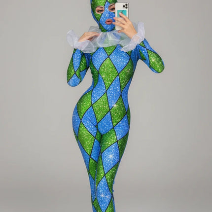 Futuristic Geometric Rhinestone Bunny Bodysuit – Luxury Showgirl Stage Costume & Exotic Festival Leotard with Statement Collar