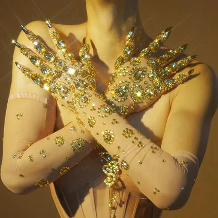 The Stardust Golden Empress – Luxurious Stretch Gold Rhinestone Mesh Opera Gloves