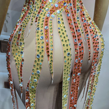 Gold & Amber Beaded Rhinestone Catsuit Illusion Mesh Long-Sleeve Jumpsuit Stage Costume