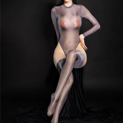 Oil Glossy High-Cut Open Crotch Shaping Bodysuit & Matching Stockings Set