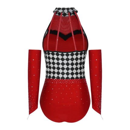 Queen of Hearts Rhinestone Halter Bodysuit & Sleeves Checkered Circus Stage Costume Set