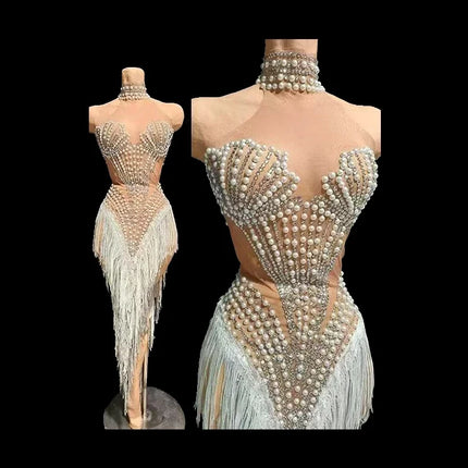 Sparkly Rhinestone, Pearl & Tassel Transparent Performance Dress Stage Costume