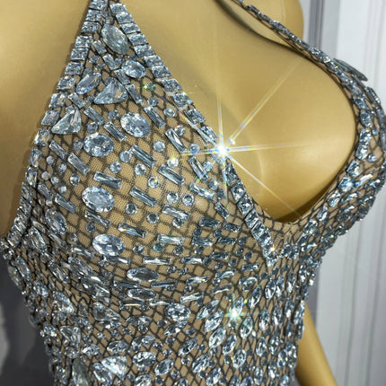 Silver Rhinestone High-Cut Backless Stage Bodysuit Dance Performance Leotard