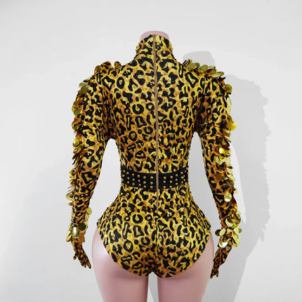 Vintage-Inspired Leopard Print Shiny Rhinestone Sequin Leotard