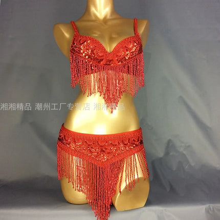 The Stardust Cabaret 2-Piece Ensemble – Luxury Sequin Fringe Bra & Belt Set