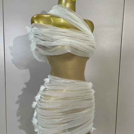 Vintage-Inspired White One-Shoulder Mesh Party Dress