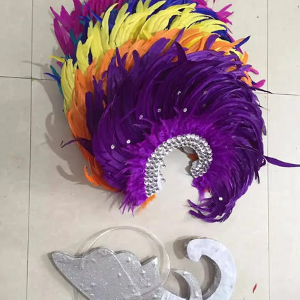 Showgirl Feather Wing Backpiece with Rhinestone Scroll Frames