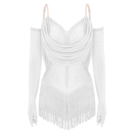 Sparkly Rhinestone & Tassel Fringe Dance Leotard with Gloves Two-Piece Stage Costume