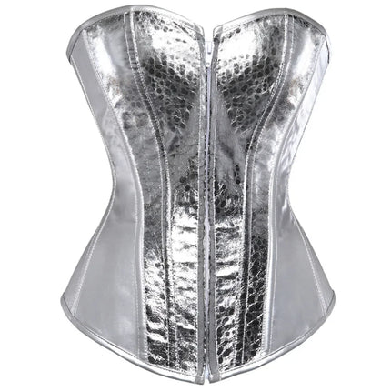 Gothic Metallic Faux Leather Overbust Corset Shiny Steel-Look Bustier