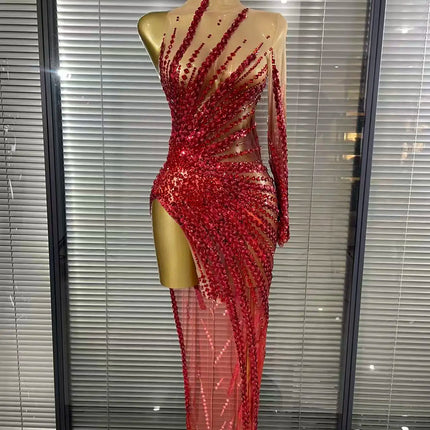 Gold Crystal Illusion Sweetheart Gown High-Slit Mermaid Train Evening Dress