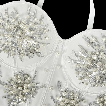 Pearl & Sequin Embroidered Floral Bustier Corset Top Asymmetric Camisole Bralette