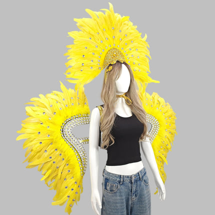 Carnival Elegant Ladies Feather Headdress Wings Two-Piece Role Play Catwalk Halloween Masquerade Carnival Party Suit