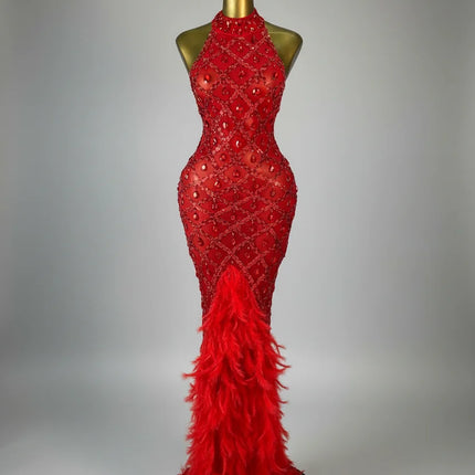 Luxury Rhinestone Crystal Turtleneck Gala Gown & Feather Hem Evening Maxi Dress