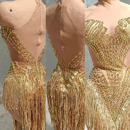 Sparkly Rhinestone, Pearl & Tassel Transparent Performance Dress Stage Costume