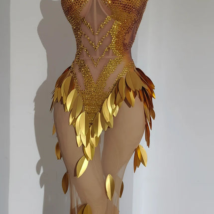 Gold Rhinestone Diamond Leaf Mesh Strapless Long Stage Gown Costume