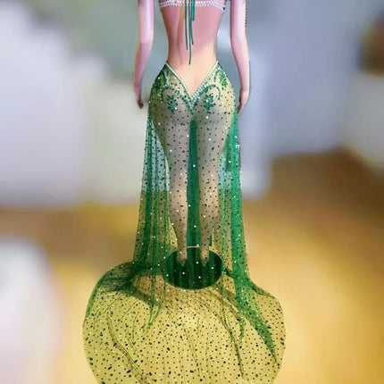 Emerald Green Rhinestone Mesh Bodysuit & Sculpted Peacock Cloak Stage Costume Set