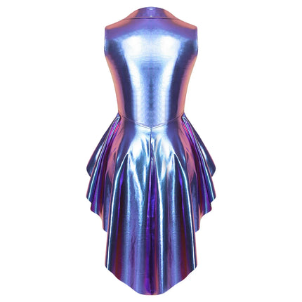 Metallic Wet-Look Sleeveless Tailcoat Jacket with Asymmetrical High-Low Hem