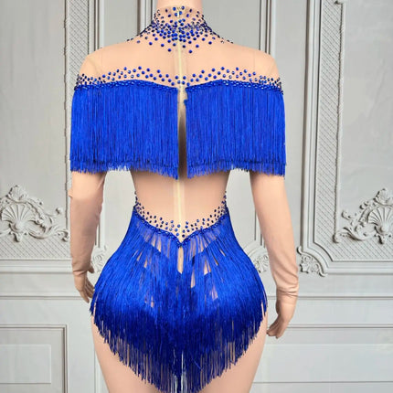 Sparkly Rhinestone Tassel Fringe Dance Performance Costume Stage Bodysuit