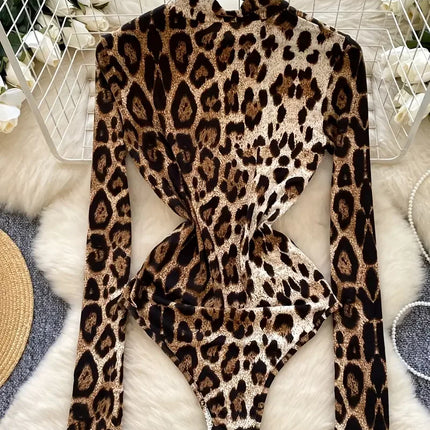 Leopard Print Long-Sleeve Stand Collar Bodysuit Sexy Cutout Stage One-Piece