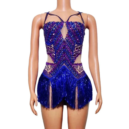 Rhinestone Fringe Bodysuit with Cutout Mesh Panels