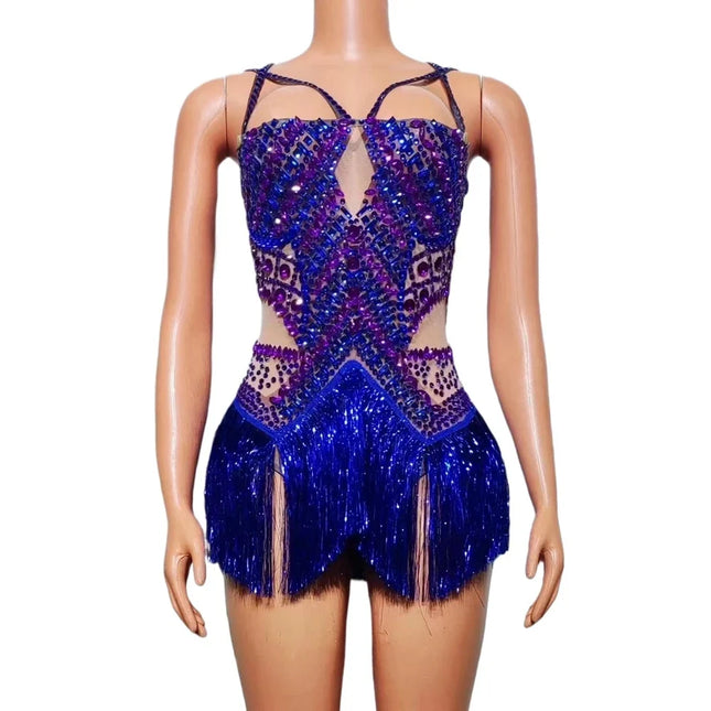 Rhinestone Fringe Bodysuit with Cutout Mesh Panels