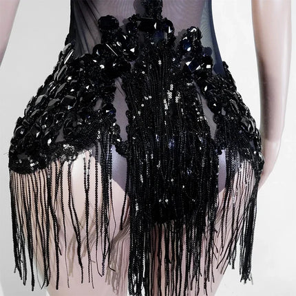 The Stardust Midnight Cabaret Bodysuit – Luxury Rhinestone & Mesh Showgirl Costume