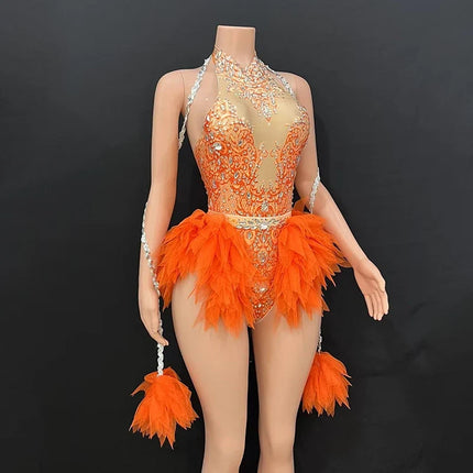 Rhinestone Feather Embellished Bodysuit & Showgirl Stage Dance Costume