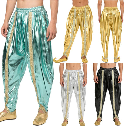 Men's Metallic Shiny Harem Dhoti Pants Gold Brocade Trim Prince Cosplay Costume