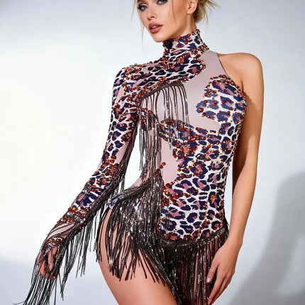 Leopard Sequin Fringe Asymmetrical Bodysuit One-Sleeve Stage Performance Costume