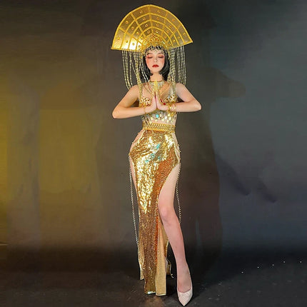 Egyptian Dance Queen Gold Rhinestone Bikini & Sequins Skirt Stage Performance Costume Set