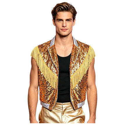 Men's Metallic Sequin Tassel Open-Front Vest Lapel Collar Sleeveless Stage Dance Waistcoat