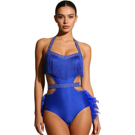 Glittery Rhinestone & Faux Feather Latin Dance Leotard Halter Bodysuit