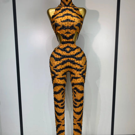 Sparkly Rhinestone Tiger Pattern Bodycon Jumpsuit Halter Stage Costume