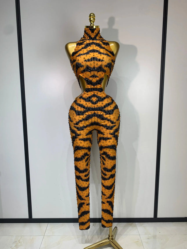 Tiger Print Rhinestone Catsuit Illusion Mesh Long-Sleeve Jumpsuit Stage Performance Costume