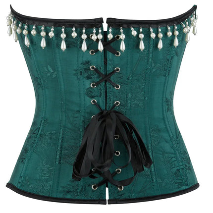 Green Floral Jacquard Overbust Corset Pearl Tassel Trim Bustier Top