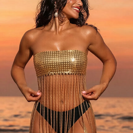Metallic Sequin Tassel Fringe Maxi Skirt Sparkly Festival Stage Dance Cover-Up